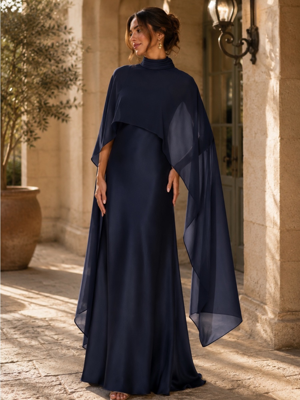 ✨NEW✨ Xscape Laura Satin Gown Chiffon Overlay Sheer Shawl in Blue 7521X